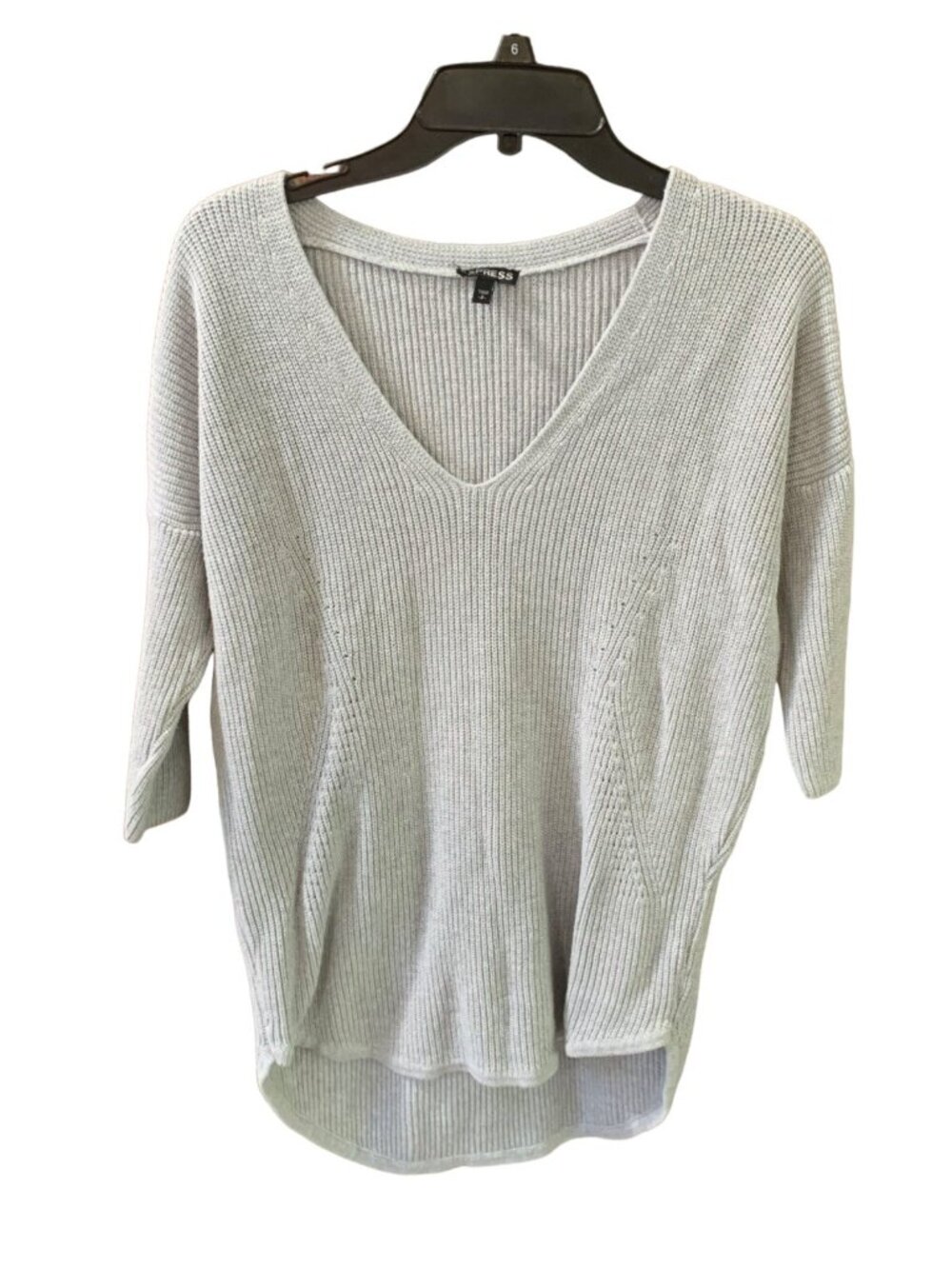 Express Womens Size Small S 3/4 Sleeve Pullover Sweater Neck Gray Hi Low Hem